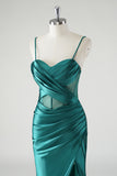 Dark Green Mermaid Satin Spaghetti Straps Long Prom Dress with Slit