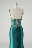 Dark Green Mermaid Satin Spaghetti Straps Long Prom Dress with Slit