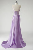 Sparkly Purple Corset Satin Side Cape Long Prom Dress with Slit