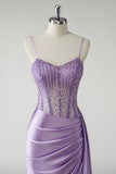 Sparkly Purple Corset Satin Side Cape Long Prom Dress with Slit