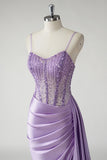 Sparkly Purple Corset Satin Side Cape Long Prom Dress with Slit