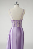 Sparkly Purple Corset Satin Side Cape Long Prom Dress with Slit