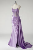 Sparkly Purple Corset Satin Side Cape Long Prom Dress with Slit