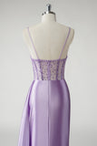 Sparkly Purple Corset Satin Side Cape Long Prom Dress with Slit