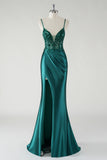 Sparkly Dark Green Spaghetti Straps Ruched Mermaid Prom Dress with Slit