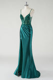 Sparkly Dark Green Spaghetti Straps Ruched Mermaid Prom Dress with Slit