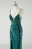 Sparkly Dark Green Spaghetti Straps Ruched Mermaid Prom Dress with Slit