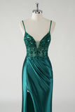 Sparkly Dark Green Spaghetti Straps Ruched Mermaid Prom Dress with Slit