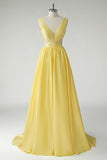 Yellow A Line Deep V-Neck Long Prom Dress