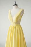 Yellow A Line Deep V-Neck Long Prom Dress