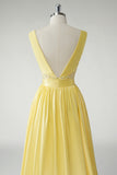 Yellow A Line Deep V-Neck Long Prom Dress