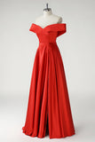 Red A Line Off the Shoulder Ruched Long Prom Dress