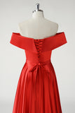 Red A Line Off the Shoulder Ruched Long Prom Dress