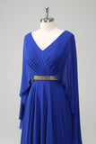 Royal Blue A Line V-neck Chiffon Long Mother Dress with Belt