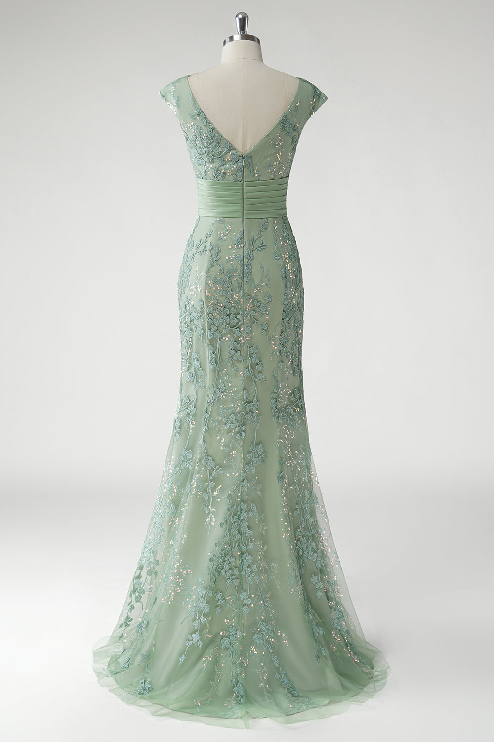 Zapaka Women Green Prom Dress V-Neck Mermaid Appliques Sequins Tulle Cap Sleeves Long Evening Dress, Green / US12 Zapaka Women Green Prom Dress V-Neck Mermaid Appliques Sequins Tulle Cap Sleeves Long Evening Dress, Green / US12
