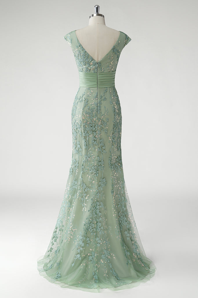 Green V-Neck Appliques Mermaid Prom Dress with Beaded Waist-Skimming Split
