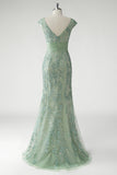 Green V-Neck Mermaid Appliques Sequins Cap Sleeves Prom Dress