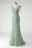 Green V-Neck Mermaid Appliques Sequins Cap Sleeves Prom Dress