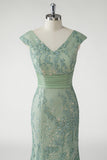 Green V-Neck Mermaid Appliques Sequins Cap Sleeves Prom Dress