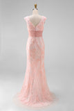 Green V-Neck Mermaid Appliques Sequins Cap Sleeves Prom Dress