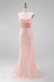 Green V-Neck Mermaid Appliques Sequins Cap Sleeves Prom Dress