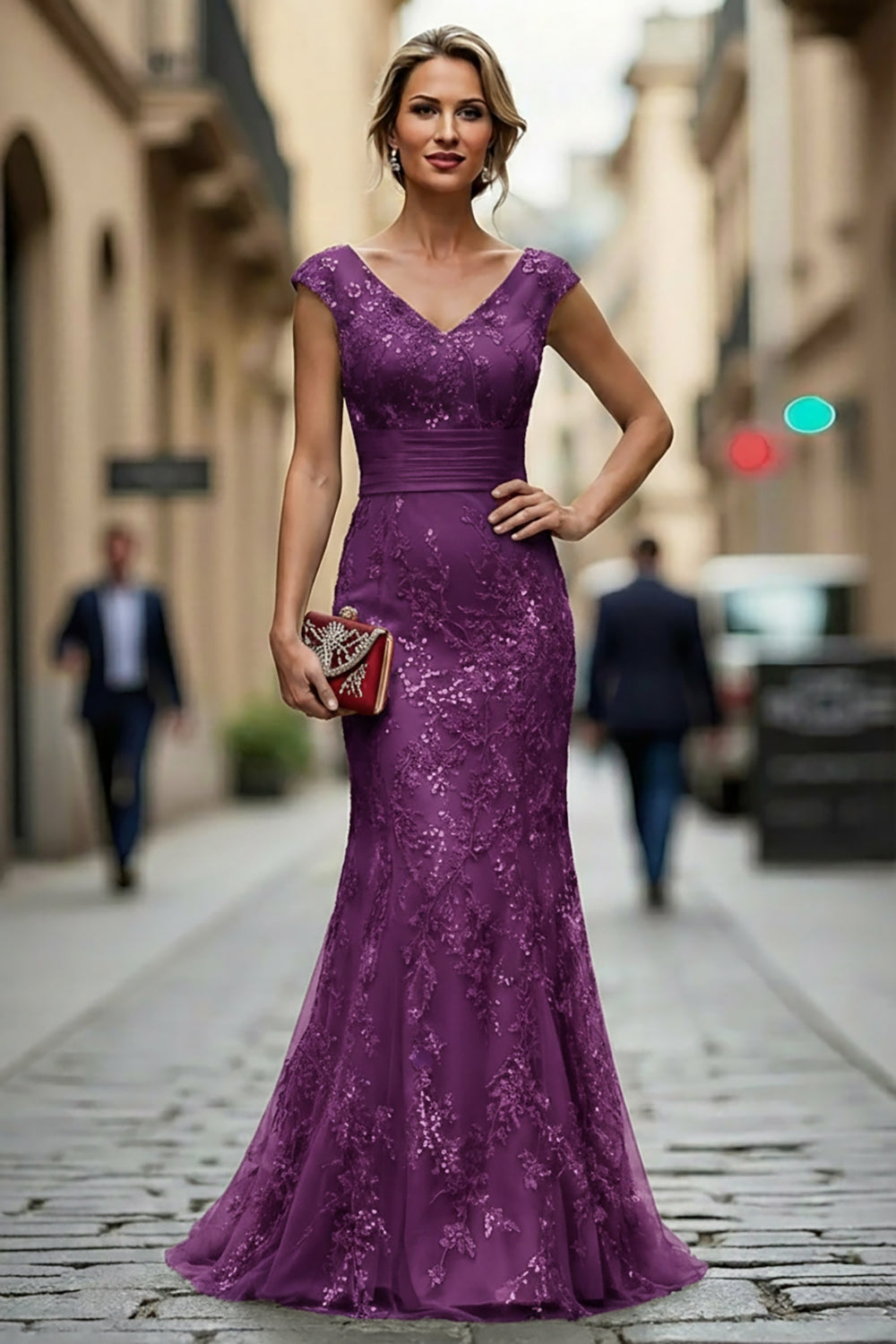 ZAPAKA Women Dark Red Mother of the Bride Dress with Sequins Mermaid V-Neck  Embroidered Long Wedding Guest Dress