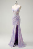 Sparkly Corset Lilac Mermaid Spaghetti Straps Prom Dress with Slit