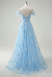 Sparkly Sky Blue Off The Shoulder A-Line Prom Dress with Slit