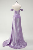 Sparkly Off The Shoulder Lilac Ruched Side Cape Prom Dress with Slit