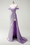 Sparkly Off The Shoulder Lilac Ruched Side Cape Prom Dress with Slit