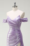 Sparkly Off The Shoulder Lilac Ruched Side Cape Prom Dress with Slit