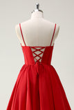 Red Ball-Gown Spaghetti Straps Lace Up Back Long Prom Dress with Slit