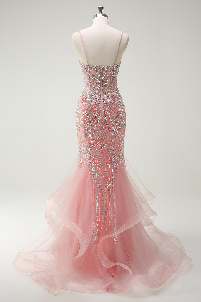ZAPAKA Women Sparkly Pink Mermaid Corset Prom Dress Beaded Spaghetti