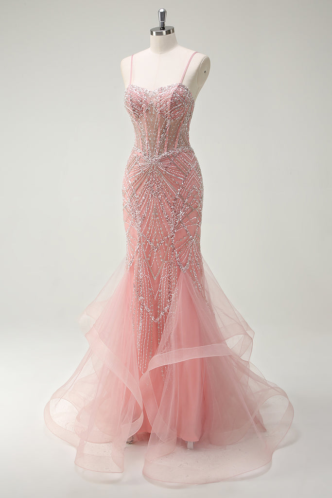 Hot Pink Strapless Beaded Corset Mermaid Prom Dress with Slit & Lace-Up Back