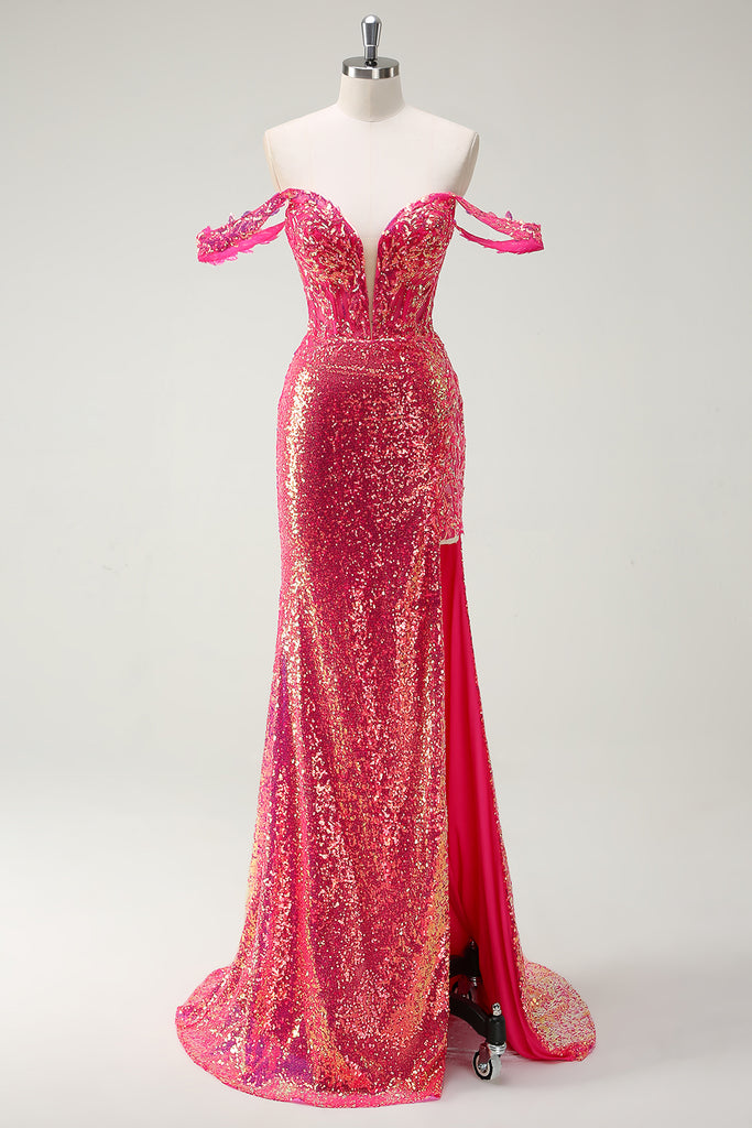 Gorgeous Halter Fuchsia Evening Dress - Mermaid Sleeveless Sequins Party Dress with Slit