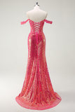 Fuchsia Mermaid Sequined Off The Shoulder Prom Dress