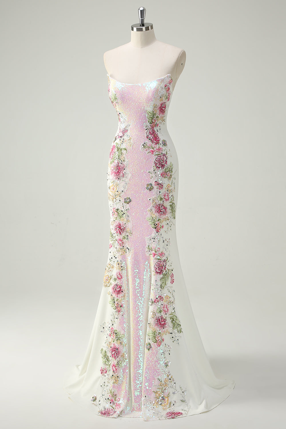 Zapaka Women Sparkly Prom Dress White Floral Strapless Mermaid Long Evening Dress With Sequins, White Flower / UK26 Zapaka Women Sparkly Prom Dress White Floral Strapless Mermaid Long Evening Dress With Sequins, White Flower / UK26