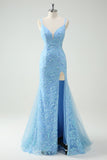 Sky Blue Mermaid Spaghetti Straps Appliqued Long Prom Dress with Slit