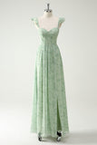 A Line Green Flower Ruffles Straps Long Corset Prom Dress with Split Front