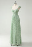 A Line Green Flower Ruffles Straps Long Corset Prom Dress with Split Front