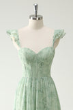 A Line Green Flower Ruffles Straps Long Corset Prom Dress with Split Front