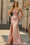 Blush Satin Mermaid Sequin Ruched Long Prom Dress with Slit