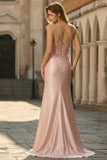 Blush Satin Mermaid Sequin Ruched Long Prom Dress with Slit
