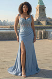 Grey Blue Corset Satin Mermaid Beaded Ruched Long Plus Size Prom Dress with Slit