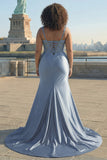 Grey Blue Corset Satin Mermaid Beaded Ruched Long Plus Size Prom Dress with Slit