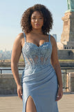 Grey Blue Corset Satin Mermaid Beaded Ruched Long Plus Size Prom Dress with Slit