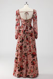 Dusty Rose Floral Corset A Line Long Sleeves Wedding Guest Dress