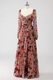 Dusty Rose Floral Corset A Line Long Sleeves Wedding Guest Dress