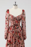 Dusty Rose Floral Corset A Line Long Sleeves Wedding Guest Dress