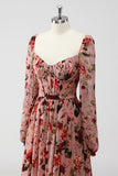 Dusty Rose Floral Corset A Line Long Sleeves Wedding Guest Dress
